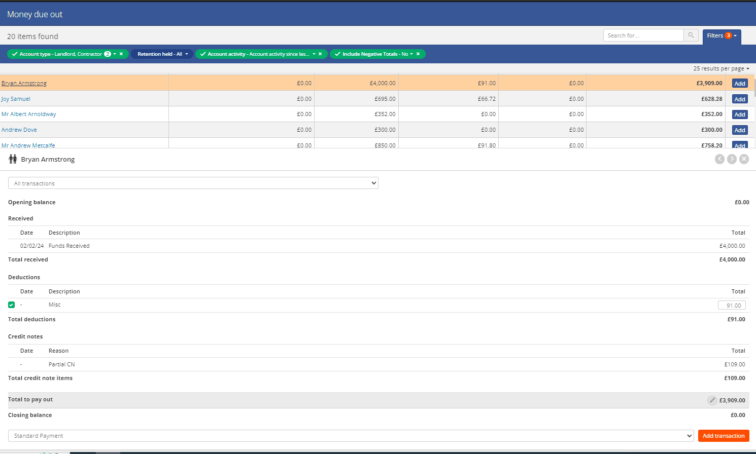 MOney due out with partial credit note allocation.