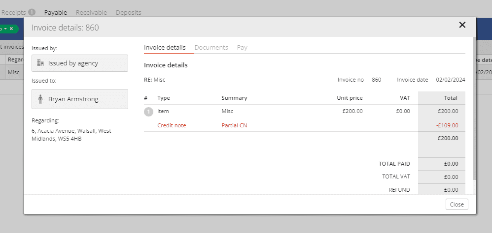 Invoice which has partially be paid with credit note