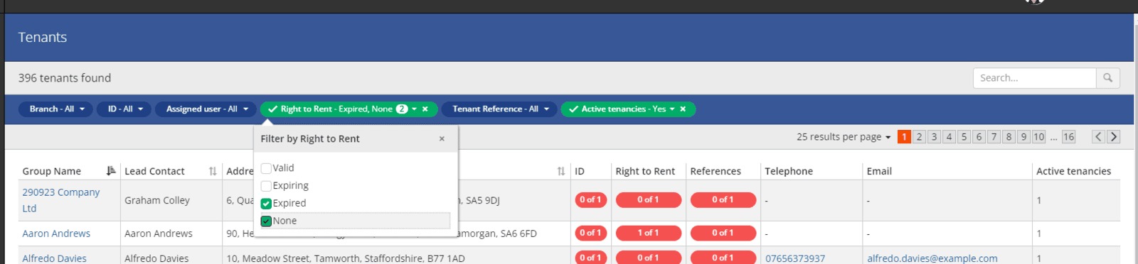 Tenant list displaying right to rent status