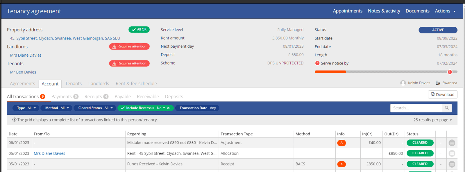 Account tab displaying all transactions grid.