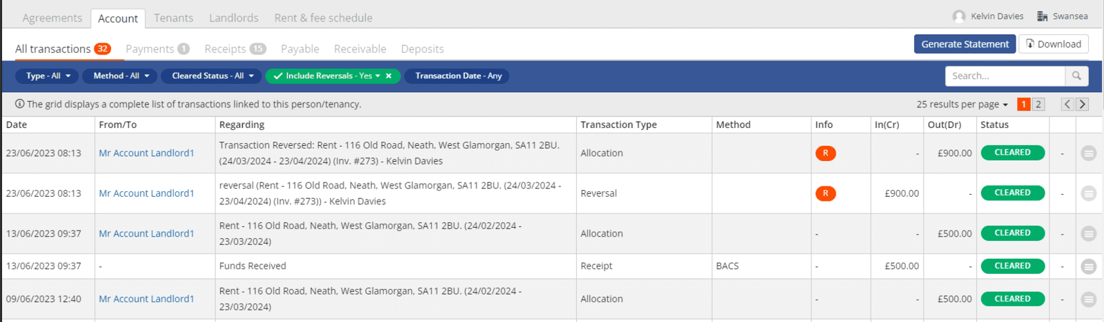 Account tab displaying all transactions grid.