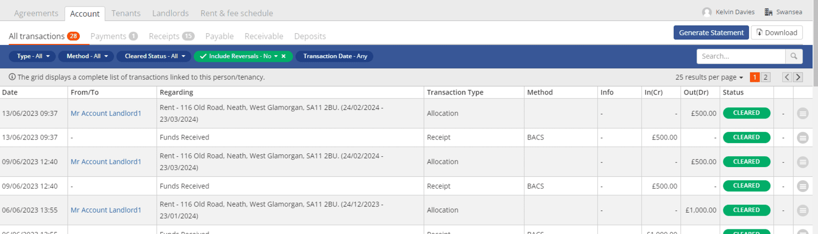 Account tab displaying all transactions grid.
