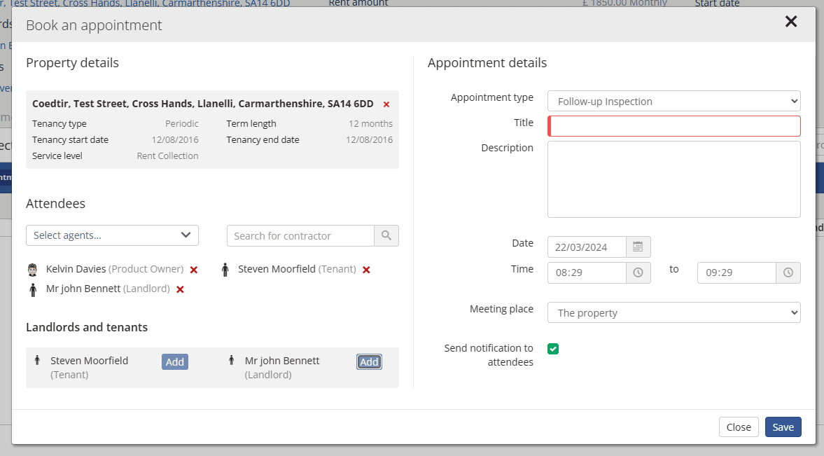 Booking an inspection dialog