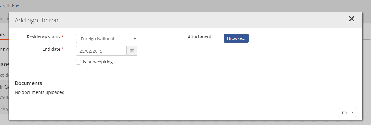 Dialog showing the right to rent input