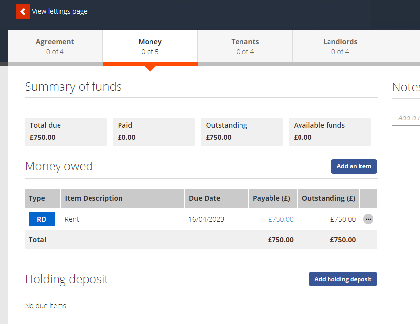 Money tab from within pre-tenancy hub.