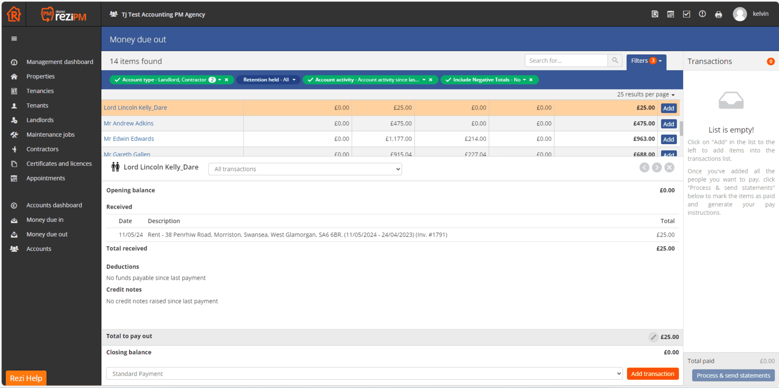 Money Due Out screen