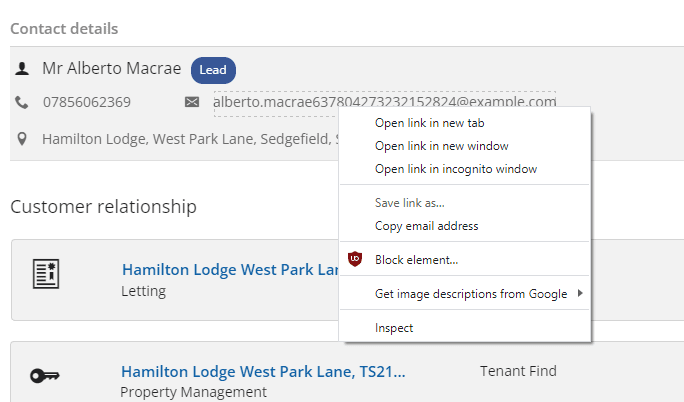Image of contact details with chrome right click menu being displayed.