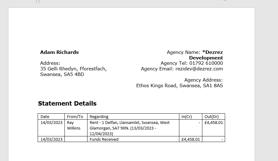 Example statement with transactions.