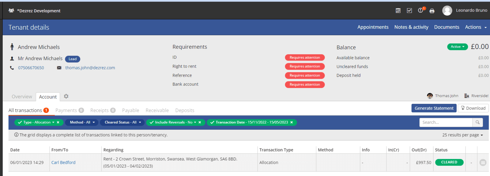 Account tab displaying all transactions grid.