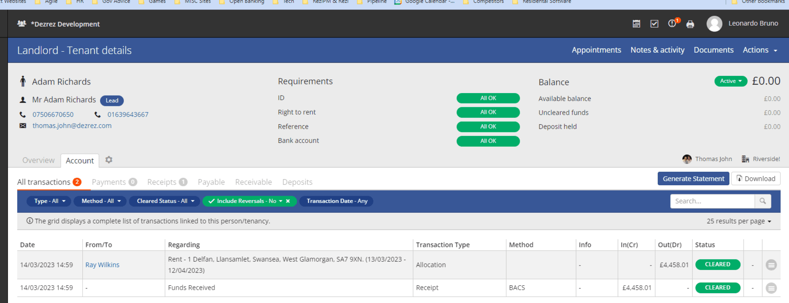 Account tab displaying all transactions grid.