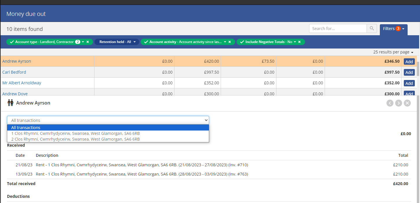 Money due out filtering by property