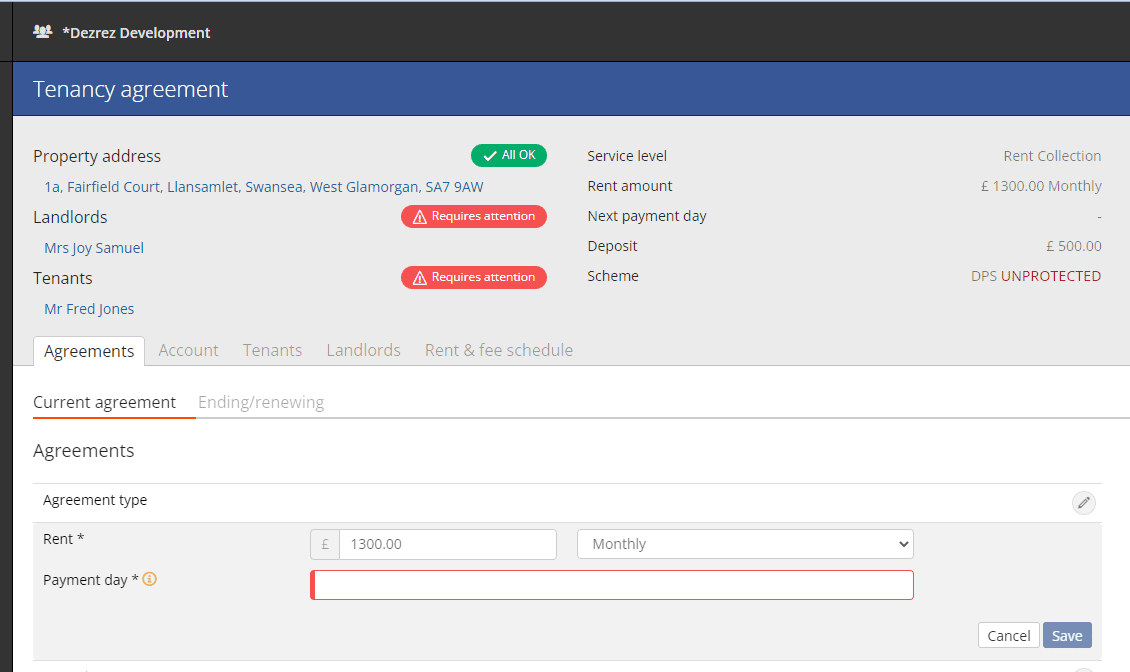 Tenancy agreement screen with payment day selected