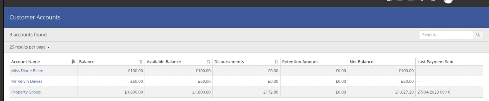 Customer accounts grid