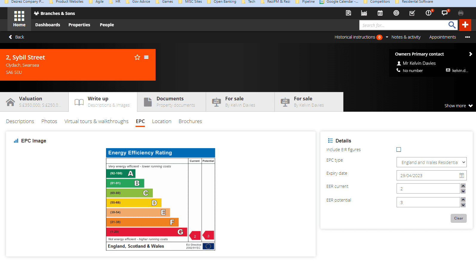 EPC screen within the write up tab within Rezi