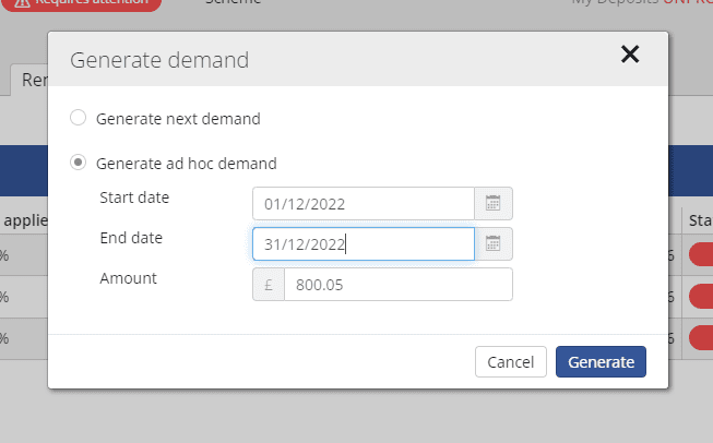 Generate rent demand popup dialog