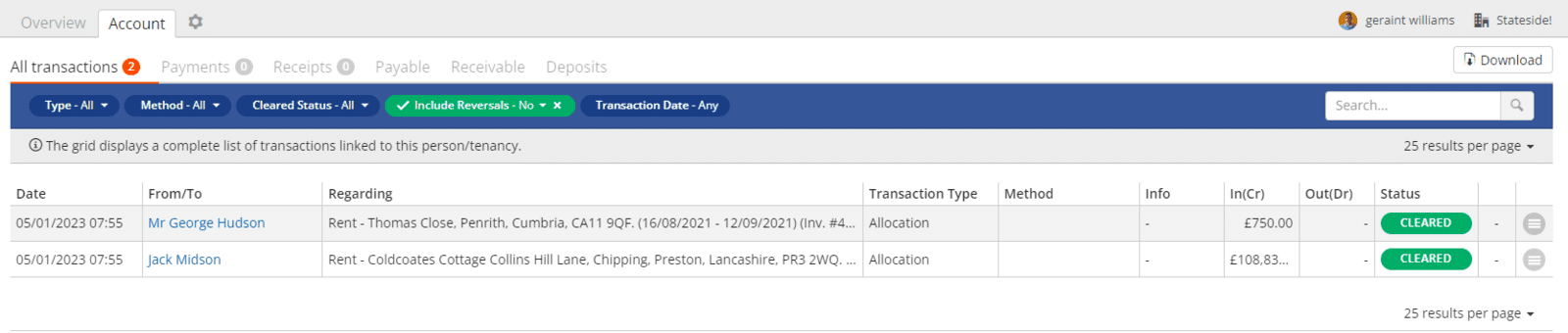 Account tab displaying all transactions grid.