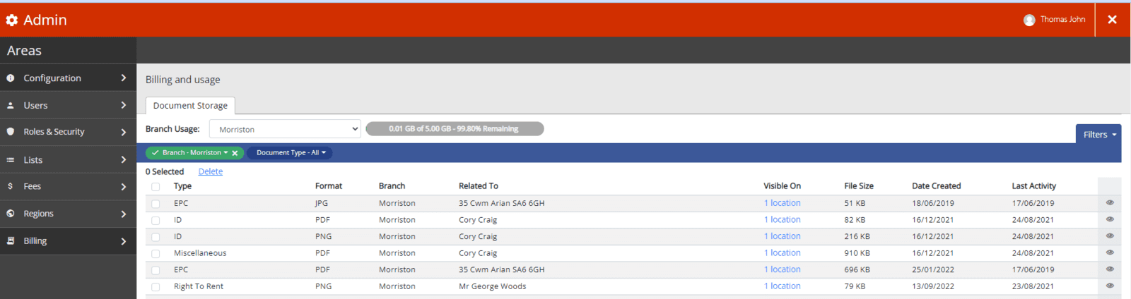 Showing the document storage information from within the Admin centre for rezi.