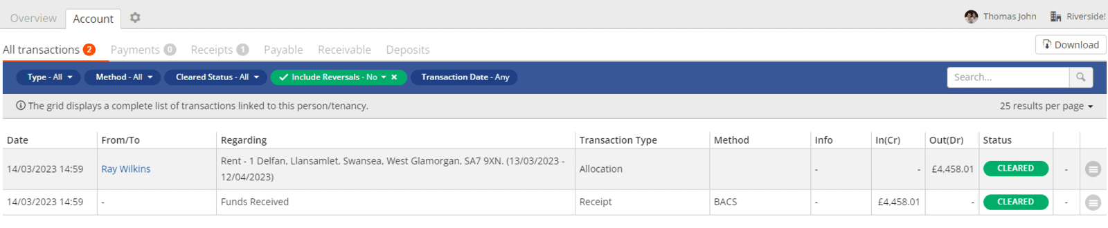 Account tab displaying all transactions grid.