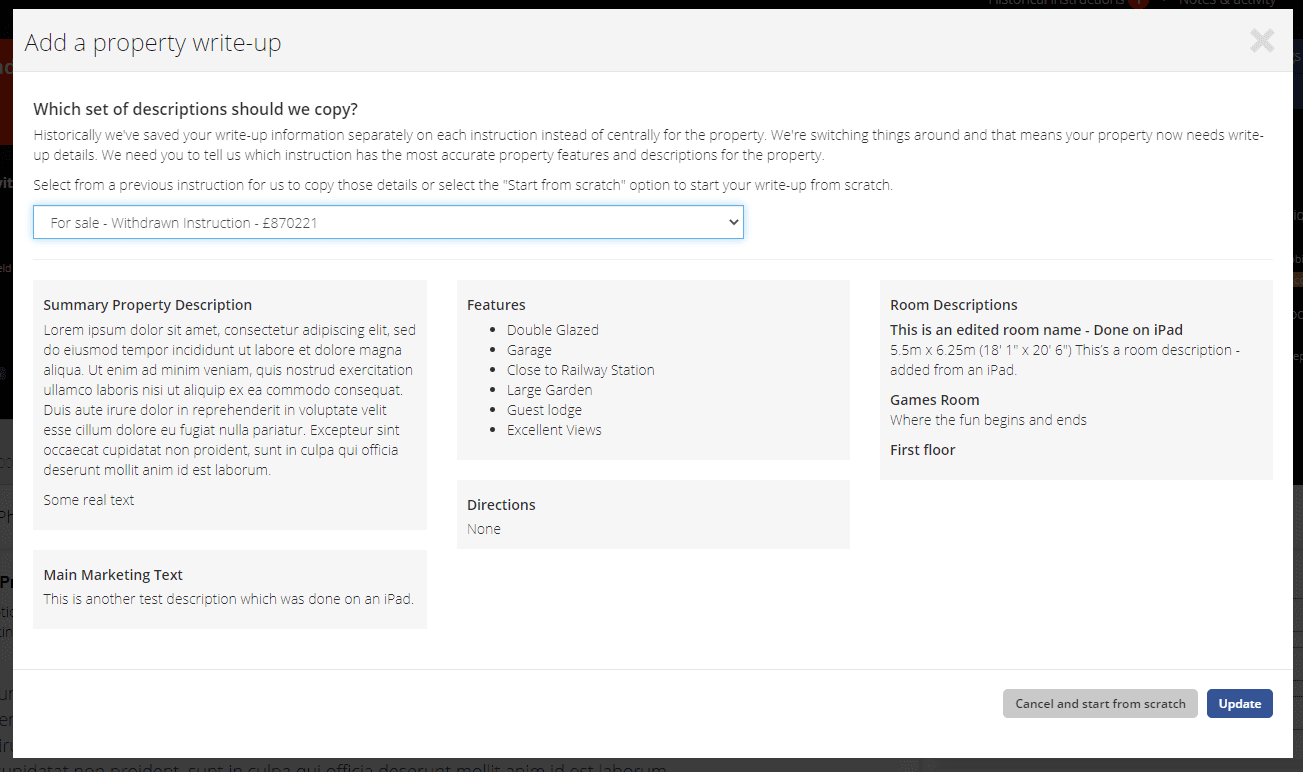 Add a property write up dialog displaying property details.