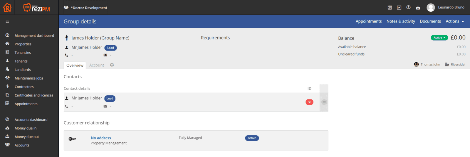 SCreen showing landlord details in Rezi PM.