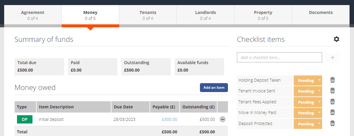 Displaying the information presented on the Money ta, from within the Pre-Tenancy hub screen within Rezi.