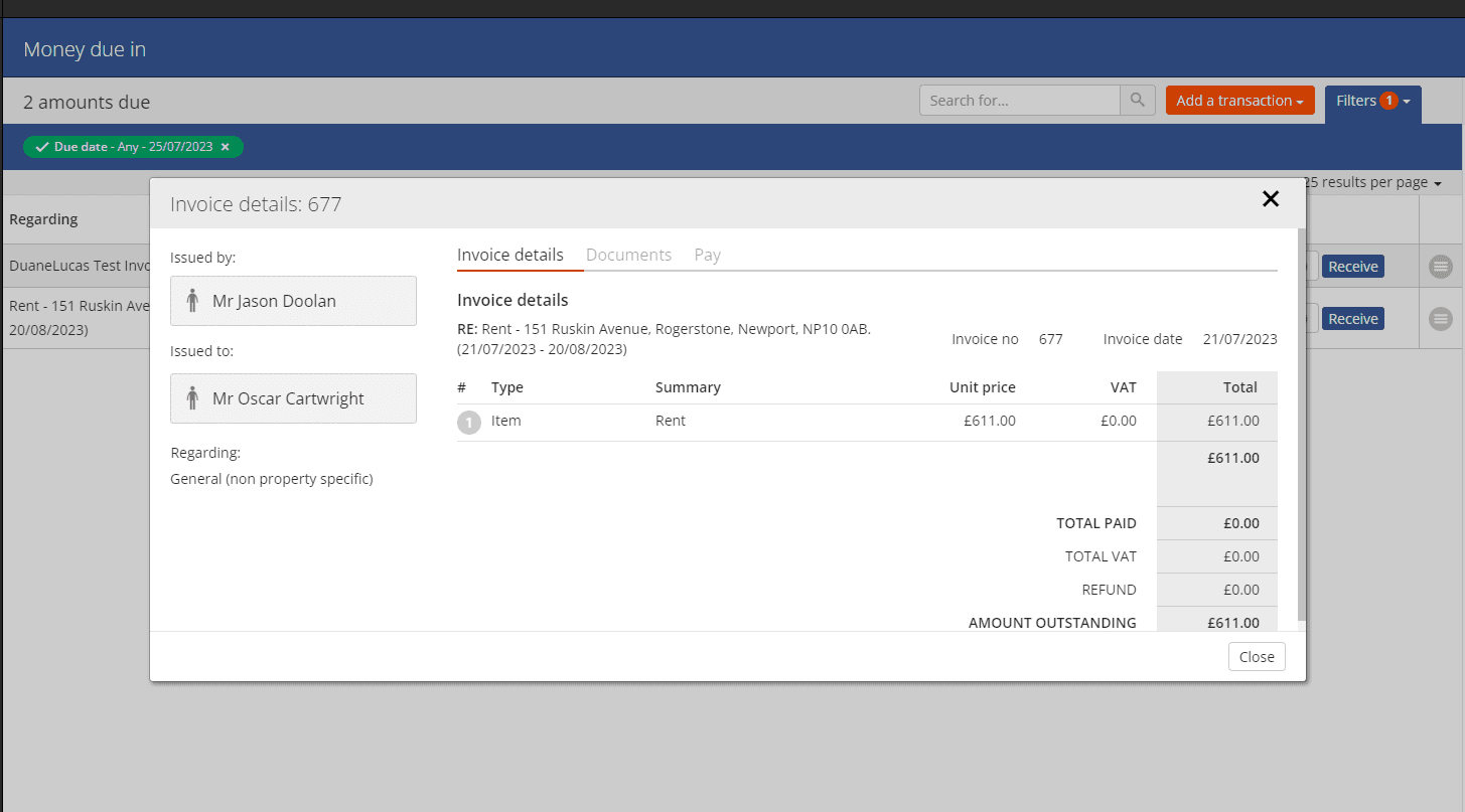 View Invoice dialog for a outstanding invoice.