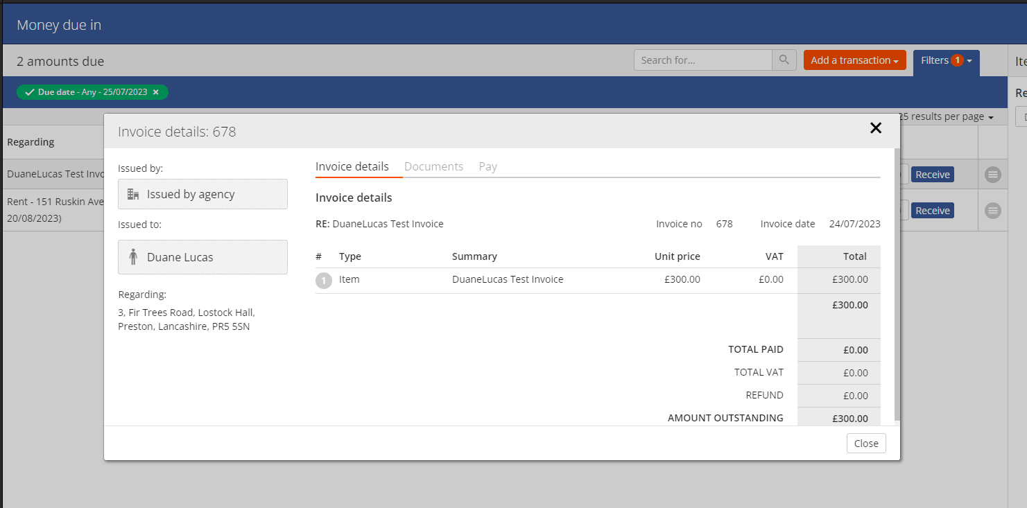 invoice dialog displaying details of the outstanding invoice