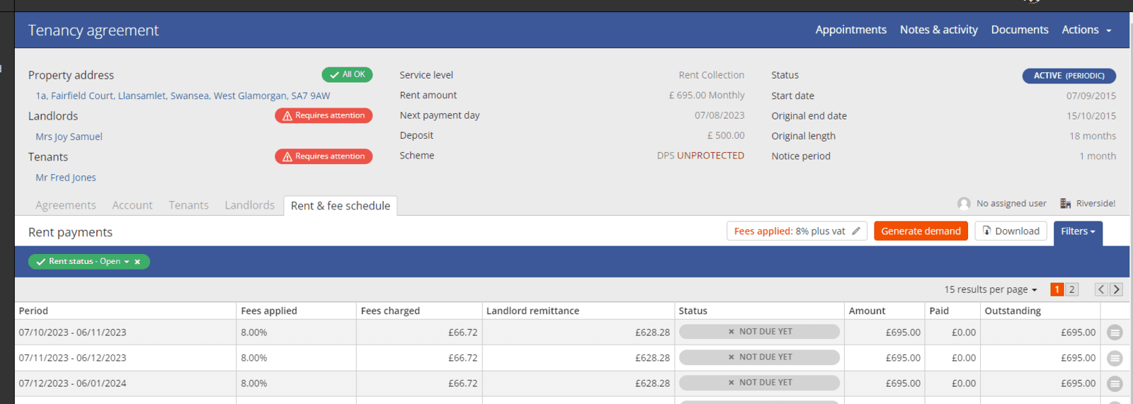 Rent and Fee grid with paging enabled.