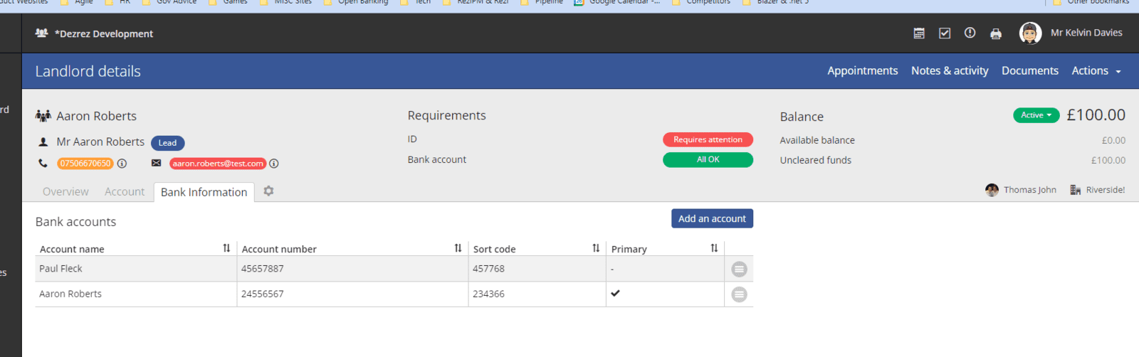 Display of Bank Information tab against a landlord.