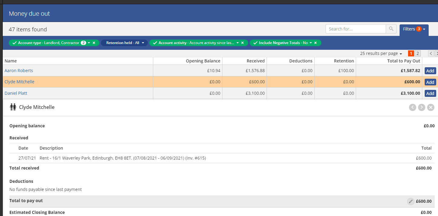 Transaction selected within the Money due out pay within Rezi PM.