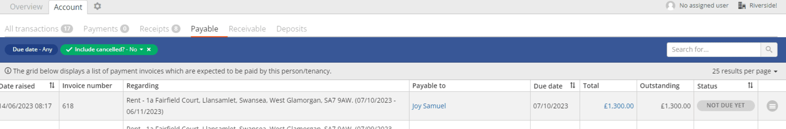 Account tab displaying payable grid.