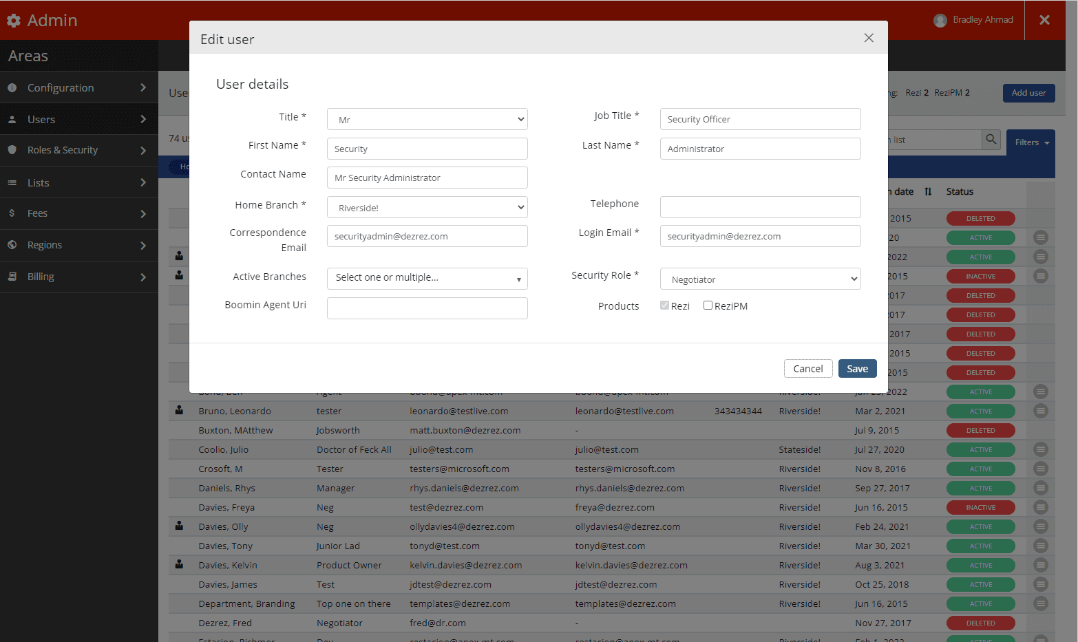 Edit user screen from within  Rezi Admin