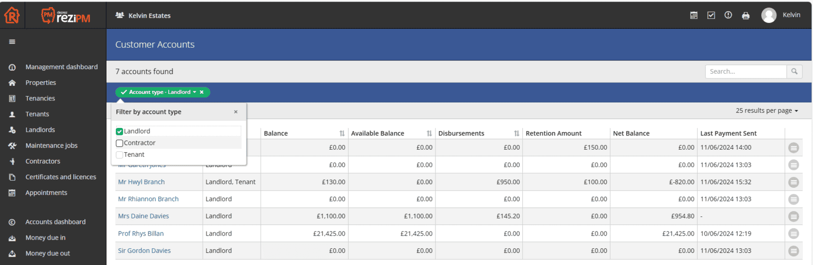 Customer accounts  filtered by person type
